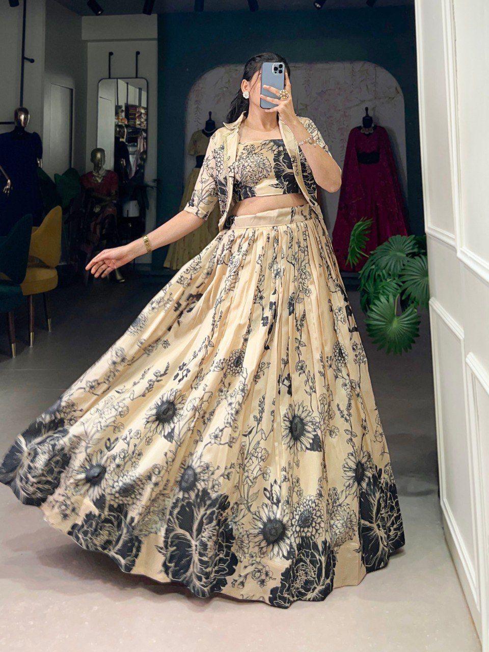 Ethereal Radiance: Mauve Tussar Silk Lehenga with Jacket ( koti )-CREAM