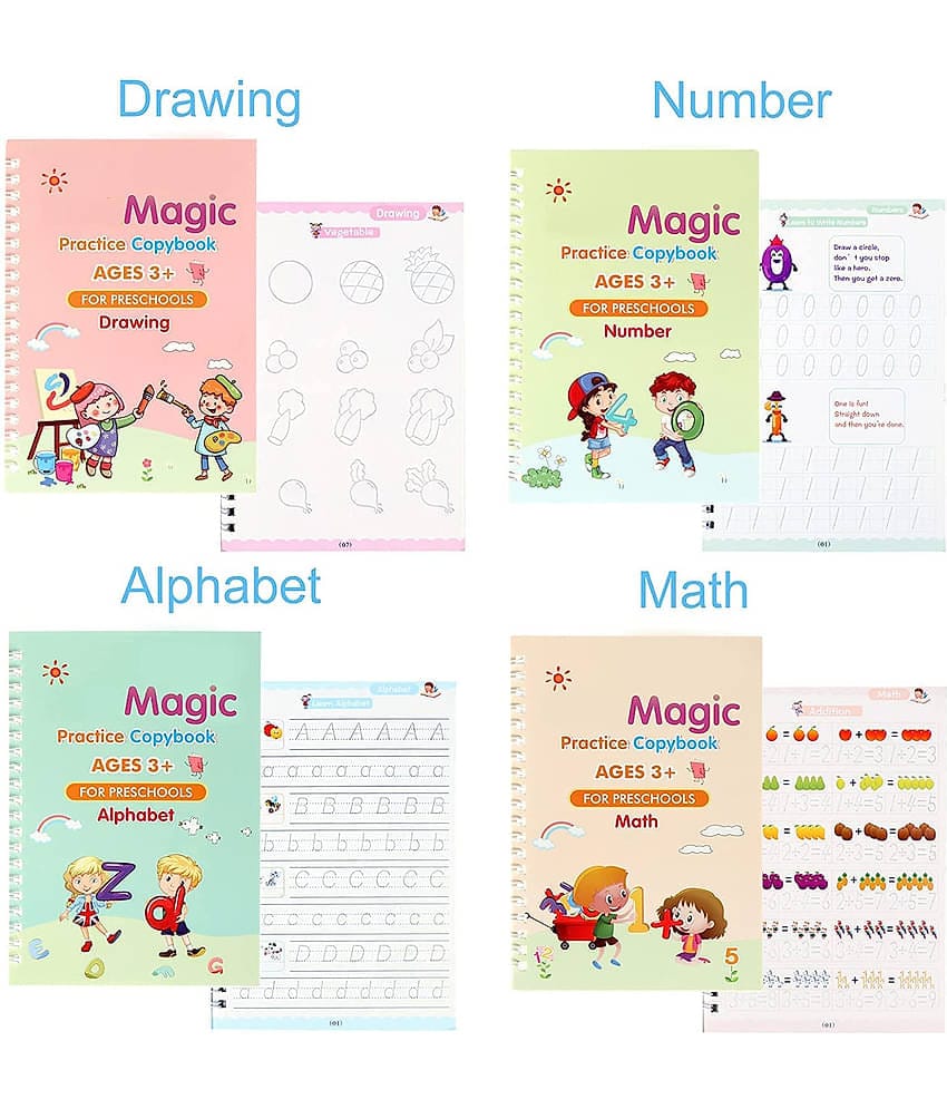 Sank Magic Practice Copybook - (1 Pen + 1 Grip + 4 BOOKS + 10 REFILL) Number Tracing Book - Writing Book - Magic Calligraphy - Copybook Set - Calligraphy Pen - Calligraphy Book - Practical Reusable Writing Tool - Simple Hand Lettering for Preschoolers