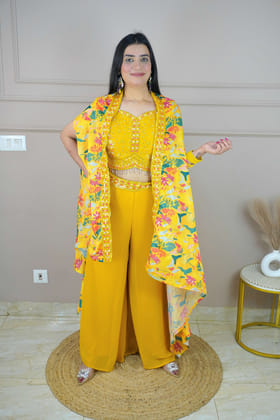 Mustard Colour Thread Work Top with Palazzo & Shrug-L / Mustard