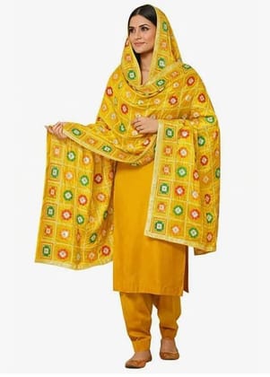 Heavy Mirror Work Dupatta For Women | Traditional Handcrafted Ethnic Embellished Dupatta | Elegant 2.25 Meter Chinon Silk Designer Wrap For Wedding Festival Yellow