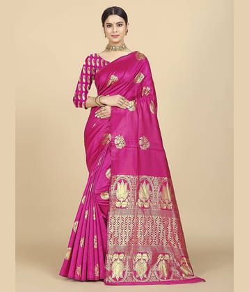 BLEESBURY Banarasi Silk Self Design Saree With Unstitched Blouse Piece ( Pink )