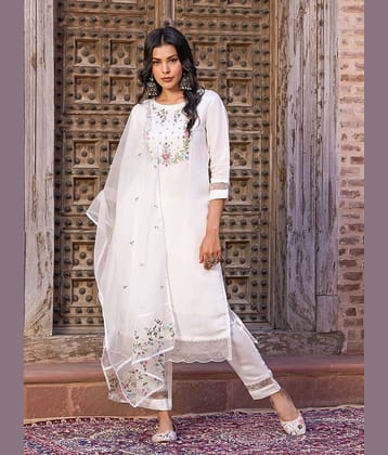 Niza Fashion Viscose Embroidered Kurti With Pants Women's Stitched Salwar Suit - White ( Pack of 1 )