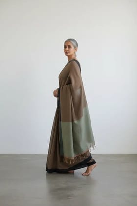 Handwoven Ilkal Cotton Saree Taupe Brown Sage Green Pallu