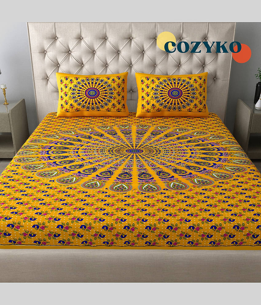 COZYKO Cotton 1 Double Bedsheet with 2 Pillow Covers ( Yellow )