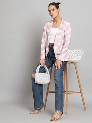 Printed Notch Collar Blazer- Pink-S
