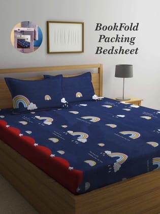 Bookfold Blue & White Conversational 300 TC King Bedsheet & 2 Pillow Covers