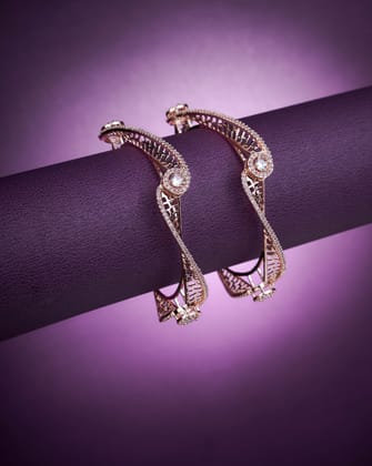 Pristine Curly Studed Rose Gold Bangles (Pack of 2)-White / Rose Gold / 2.4