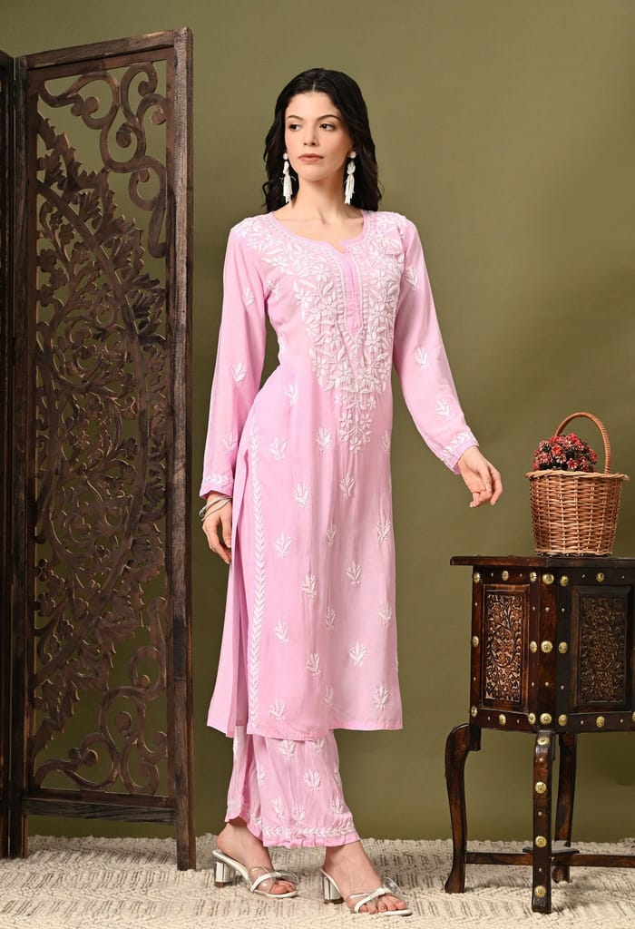 Pure Modal Heavy Bota Pattern hand embroidered Chikankari Kurta Set -Baby Pink
