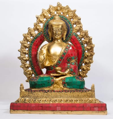 Arihant Craft� Ethnic Decor Lord Buddha Idol Buddha Statue Sculpture Turquoise Gem Stone Showpiece � 29 cm (Brass, Multicolour)