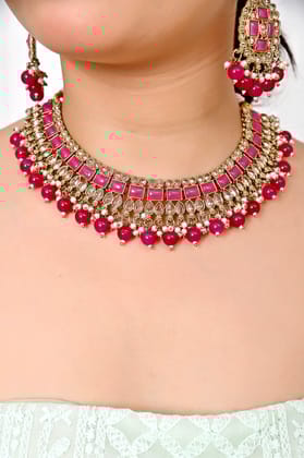 Turquoise Rani Kundan Necklace Set with Chandelier Earrings and Maang tikka-20cm / Rani / 1 gram gold plating on durable brass base with 3-month warranty coverage