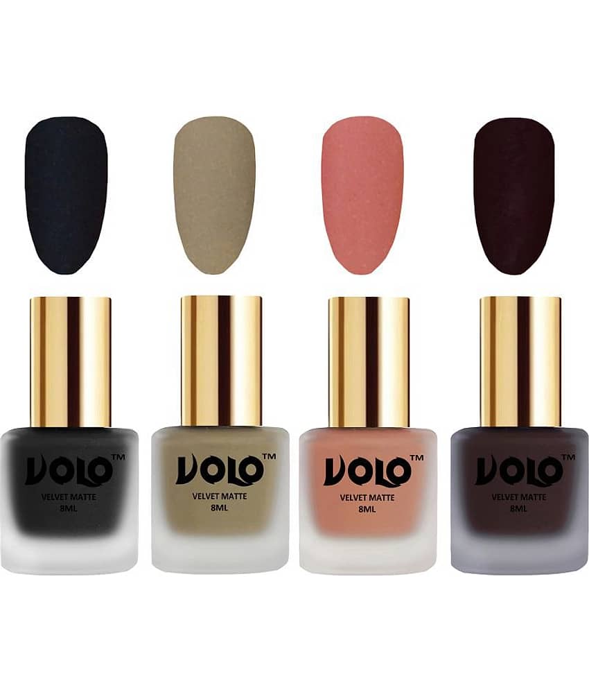 VOLO Velvet Dull Matte Posh Shades Nail Polish Black,Nude,Peach, Wine Matte Pack of 4 32 mL