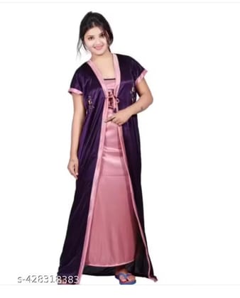 Stylish Satin night suit with housecoat and nightslip/ nighty