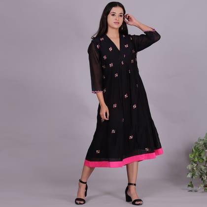 Black Chanderi gathered dress with embroidery-XS