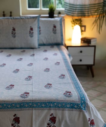 White over blue block printed sanganeri cotton double bed bedsheet