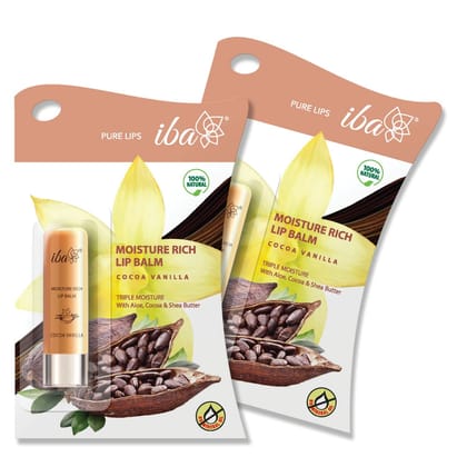 Iba Pure Lips Moisture Rich Lip Balm - Cocoa Vanilla, 4.5 g (Pack of 2) | For Pigmented, Dry Damaged & Chapped Lips | Enriched with Cocoa Butter, Shea Butter | Glossy Finish | 100% Natural | Halal Certified & Vegan Iba Pure Lips Moisture Rich Lip Balm - 