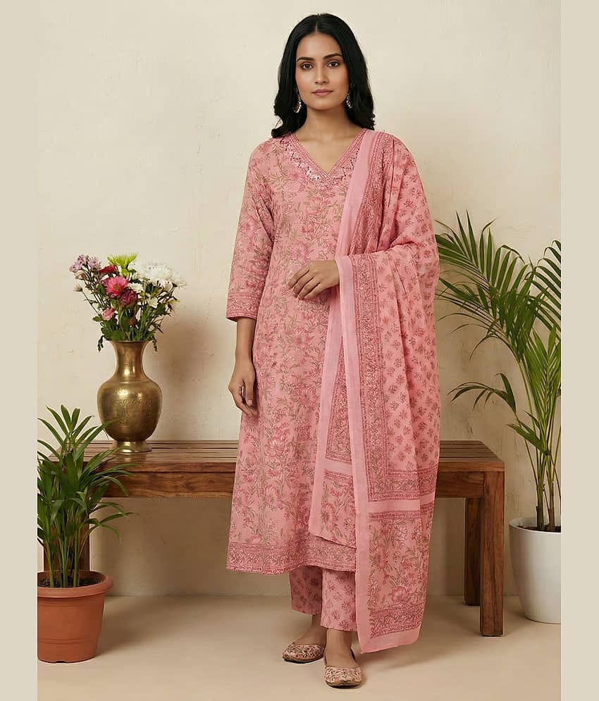 Yash Gallery Women Cotton Printed Straight Kurti With Pants ( Pink )