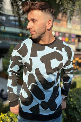 Oversized Drop Shoulder Full Sleeve Black Sky Blue  T-Shirt - S