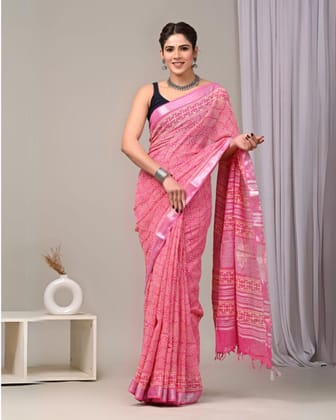 Linen Kalamkari Blockprinted Alluring Pink Saree