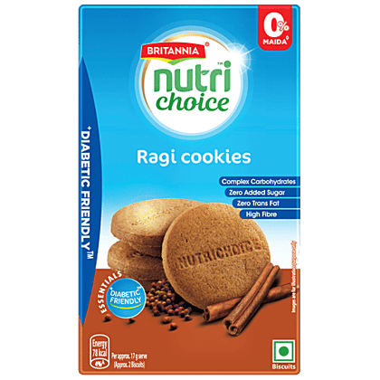 Britannia Nutrichoice Essentials Ragi Cookies - No Added Sugar & Diabetic Friendly, High Dietary Fibre, 150 G