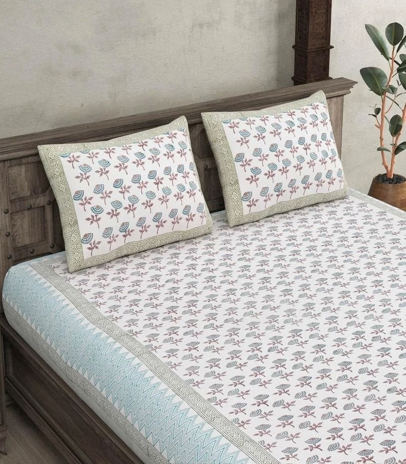 Traditional Dotted Flower Block Print Double Bedsheet