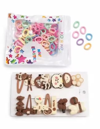 Kozykit Combo of Cute Cartoon Hair Clips & Multicolored Elastic Hair Ties for Girls | Korean Style Tic Tac Pins & Rubber Bands Set | Daily Wear Kids Hair Accessories Pack