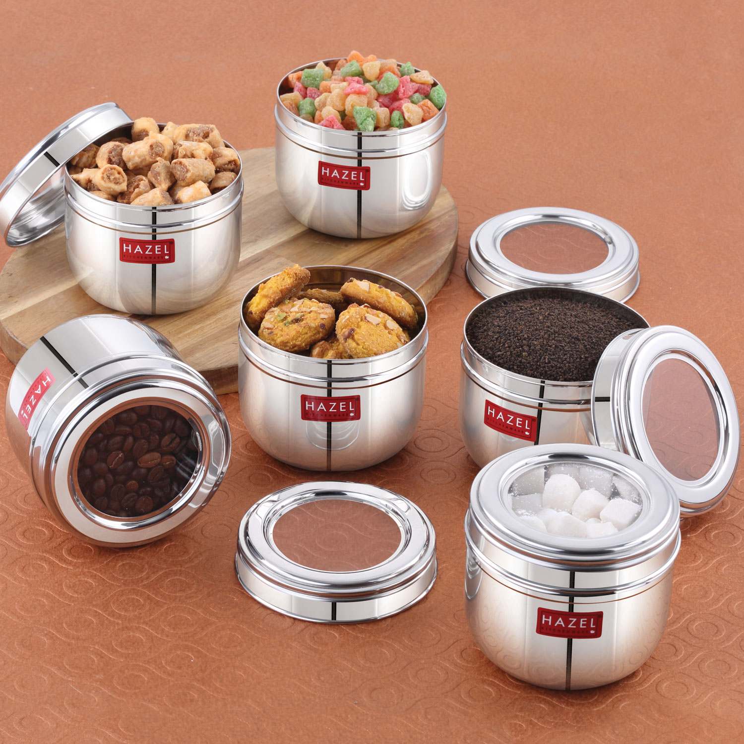 HAZEL Round Kitchen Storage Dabba Set 800ml, Set of 6 , Stainless Steel Containers with Clear View Top for Pantry & Food Storage