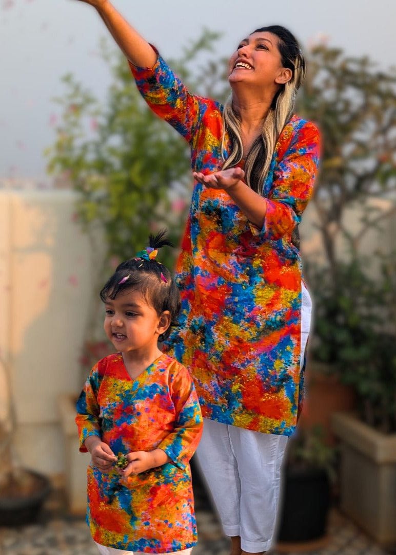 Holi print Cotton Kurta for Girls, Women | Gulaal-0-6m