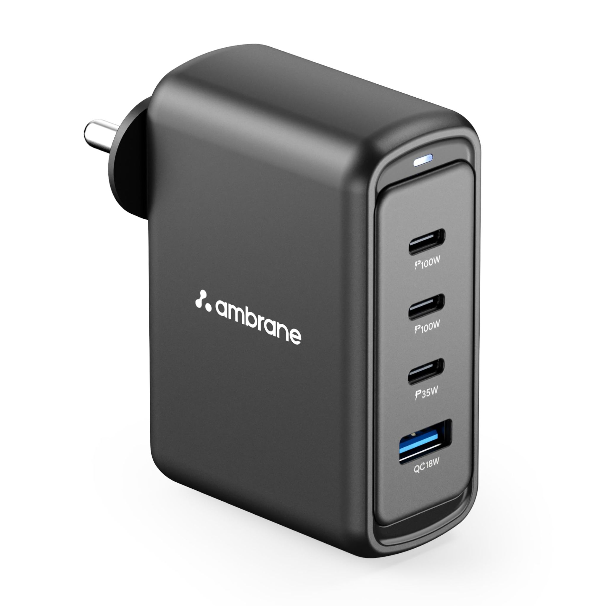 Ambrane 100W GaN Charger: Fast Charging Adapter with 4 Ports (3 USB-C + 1 USB-A), PD Support, iPhone 050% in Minutes, Compatible with All iPhones, Android Phones, Laptops & MacBooks (charge100 Black)