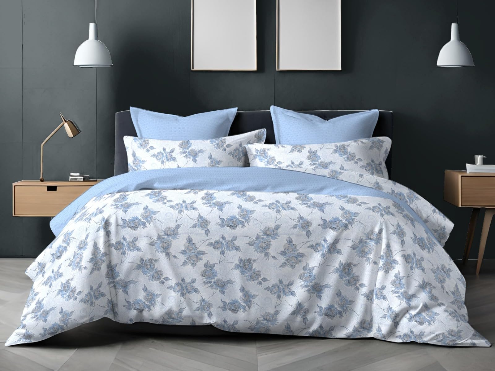 Alangrahaa Nira Floral Print Single Bedsheet Set with Pillow Cover, 152x229 cm, White and Blue