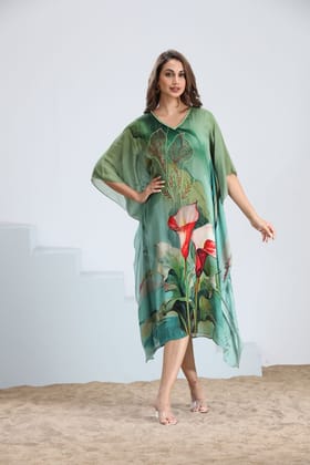 Viscose Chinon Kaftan in Green with Intricate Embroidery-GREEN / M