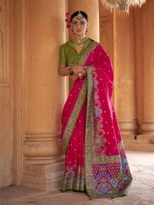 Pink Poly Viscose Silk Woven Butti Position Print Desginer Saree
