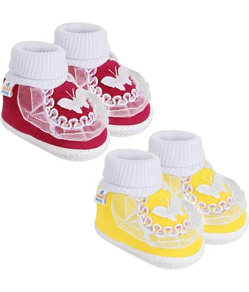 Neska Moda Set of 2 Pair Baby Boys & Baby Girls Butterfly Frill Cotton Booties For 0 to 6 Months (Maroon,Yellow)