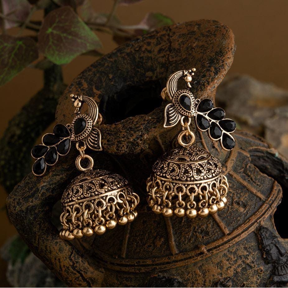 Gold Plated Peacock Design Artwork Stone Studded Fashion Ant