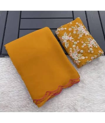 Gullak Georgette Solid Saree With Unstitched Blouse Piece ( Mustard )