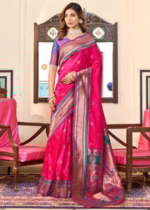 Magenta Pink Woven Paithani Soft Silk Saree