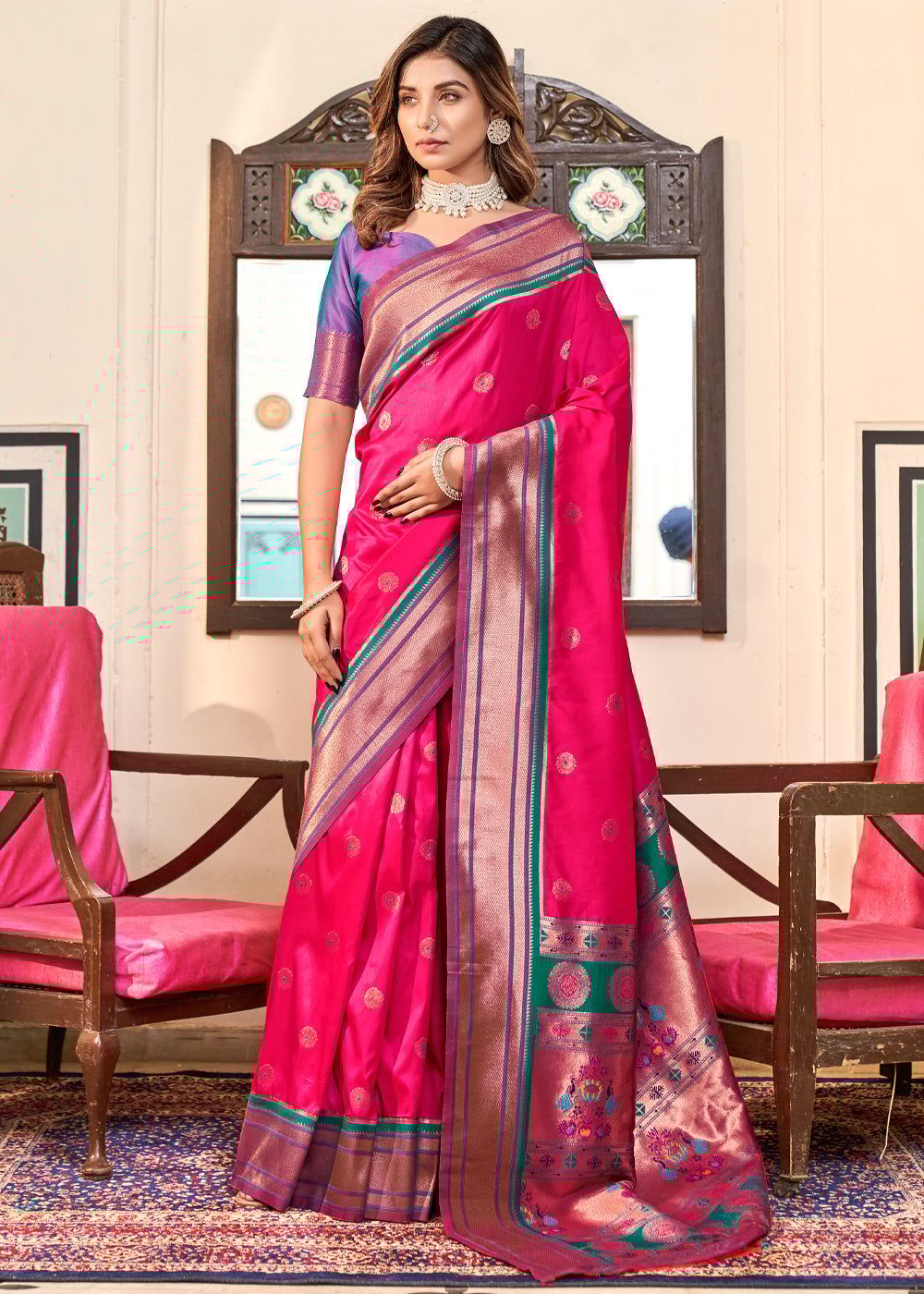 Magenta Pink Woven Paithani Soft Silk Saree