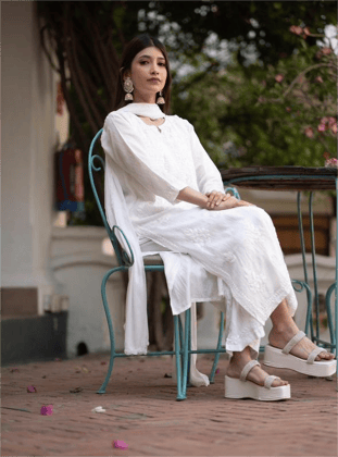 Chanderi silk Chikankari kurta set