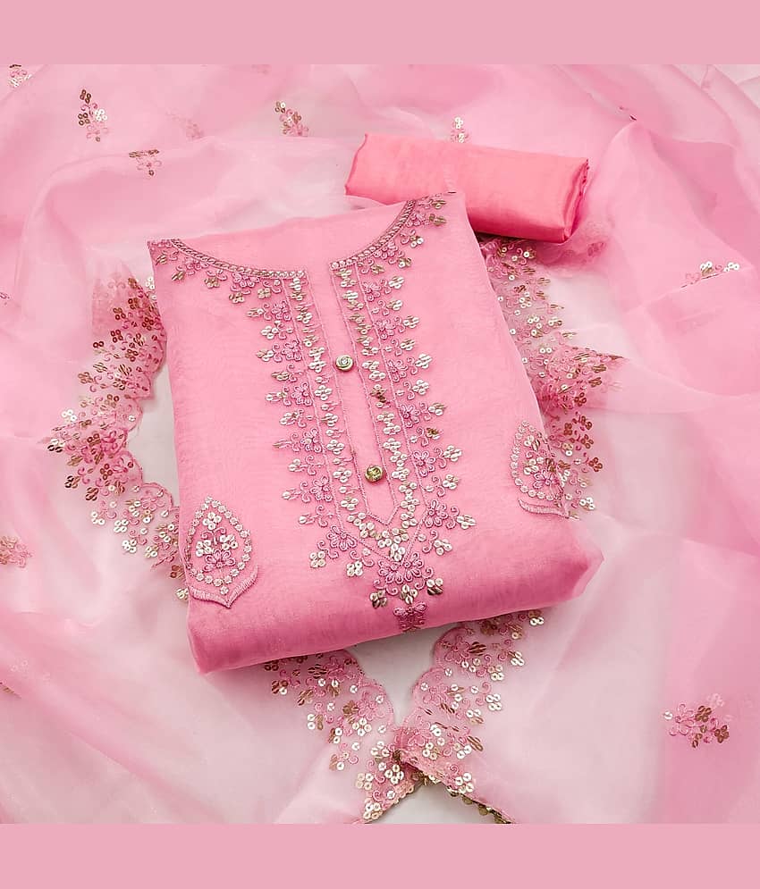 Rangtulika Ethnics Unstitched Organza Applique Dress Material - Pink ( Pack of 1 )