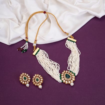 Gulbahar Kundan Gold Plated Necklace Set-Green / Gold Plated