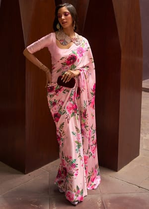 Soft Pink Floral Printed Satin Silk Saree