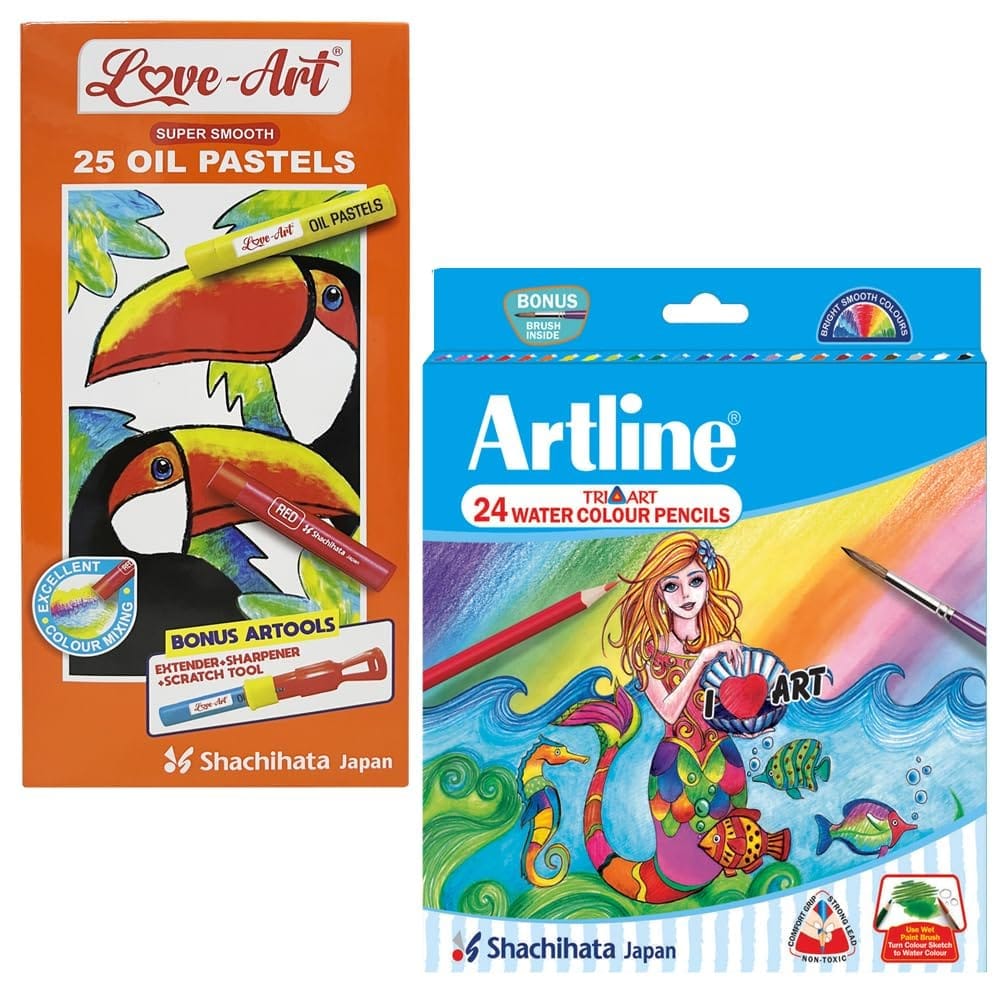 Artline Combo - Combination Pack of 24 Triangular Water Color Pencils and 25 Oil Pastels Set
