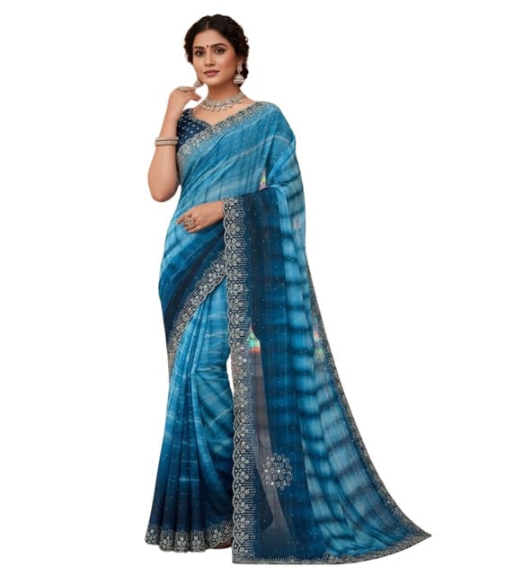 Generic Women's Georgette Striped Saree with Unstitched Blouse Piece, Soft Lightweight 5.5 m Sari for Daily, Office and Casual Wear (Blue, Design 67616)
