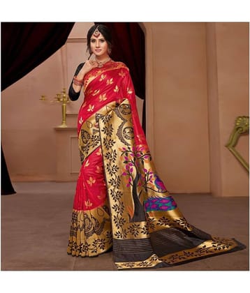Aarrah Cotton Silk Saree With Unstitched Blouse Piece ( Red )