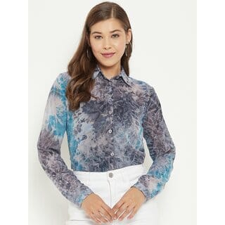 Purys Women Grey Poly Cotton Printed Casual Shirt