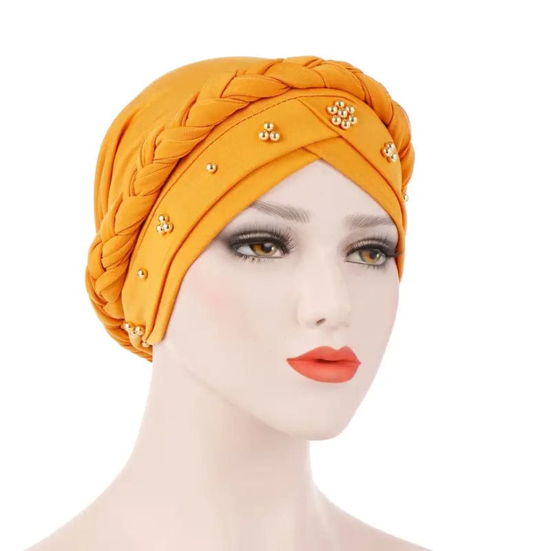 Yellow Turban cap in soft stretchable fabric with golden beads