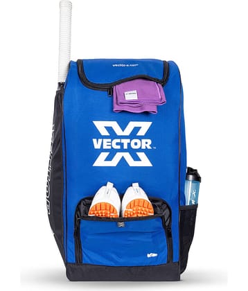 Vector X Greenfield Pro 60 Ltr. PU Polyester Cricket Backpack Senior Kit With Wheel Trolley Bag|1 Pocket for Bat|Shoe & Accessories Pockets|1 Water Bottle Holders|Lightweight|Dual Opening (Blue-Black)