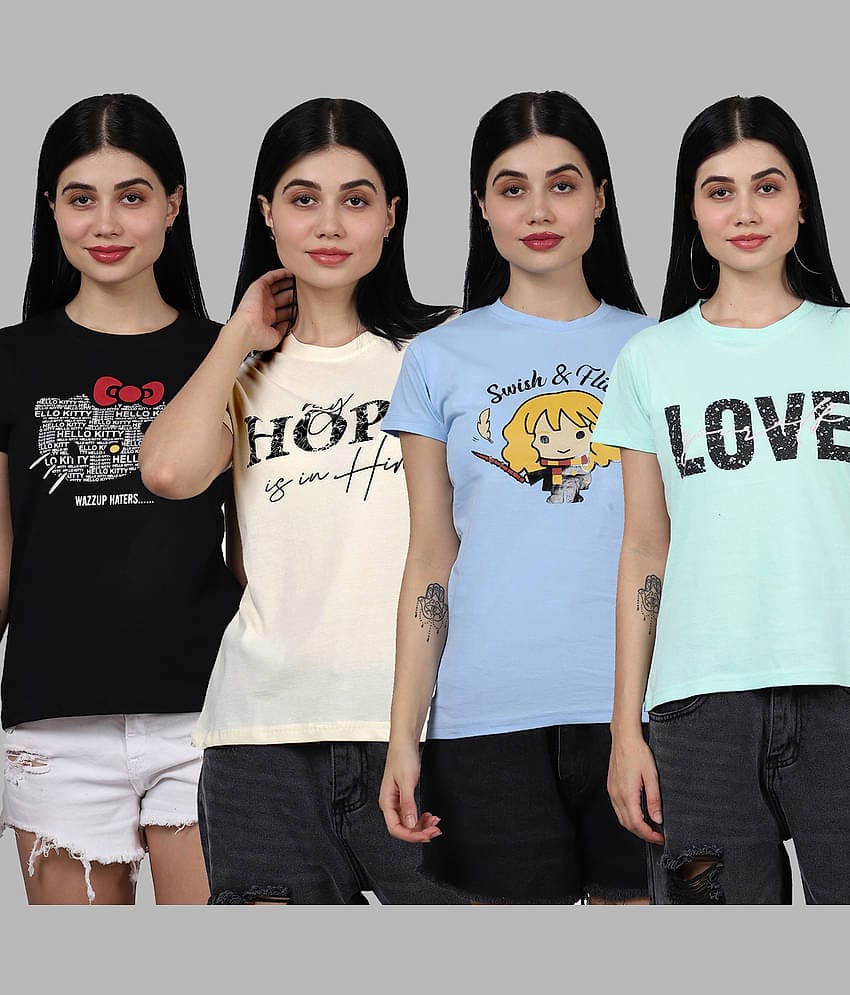 Fabflee Women Cotton Printed Regular Fit Round Neck T-Shirt ( Multicolor )