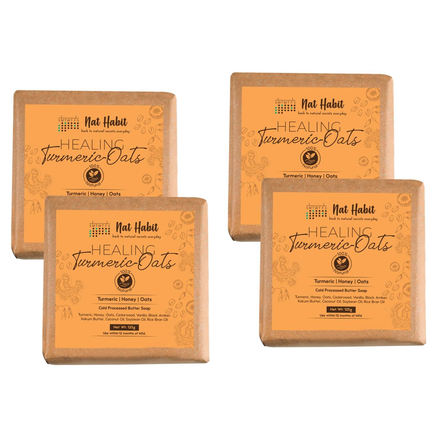 Nat Habit Healing Turmeric-Oats Bath Soap With Ayurvedic Cold Processed For Scar Reduction, Gentle Exfoliation, Tan Removal & Cleansing (125g x 4) Nat Habit Healing Turmeric-Oats Bath Soap With Ayurvedic Cold Processed For Scar Reduction, Gentle Exfoliat