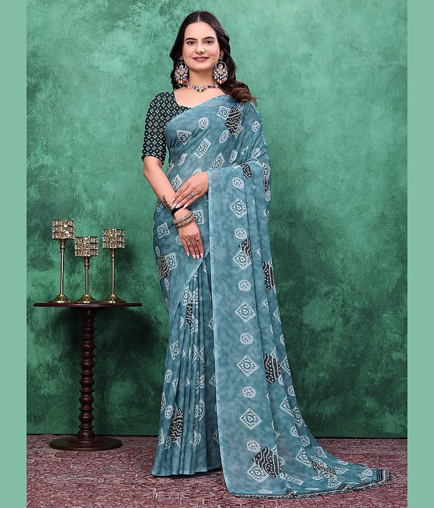Kanooda Prints Georgette Printed Saree With Unstitched Blouse Piece ( Multicolor )