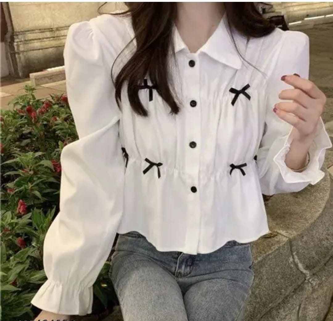 MF Women White Puff Sleeve Shirt Top | Solid Button-Down Top with Bow Detail | Casual & Party Wear